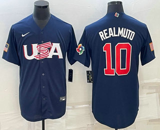 Men’s USA Baseball #10 JT Realmuto 2023 Navy World Baseball Classic Stitched Jersey