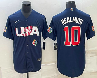 Men’s USA Baseball #10 JT Realmuto 2023 Navy World Baseball Classic Stitched Jerseys