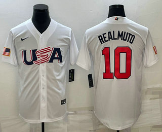 Men’s USA Baseball #10 JT Realmuto 2023 White World Baseball Classic Stitched Jersey