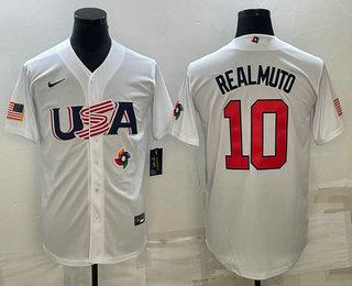 Men’s USA Baseball #10 JT Realmuto 2023 White World Baseball Classic Stitched Jerseys