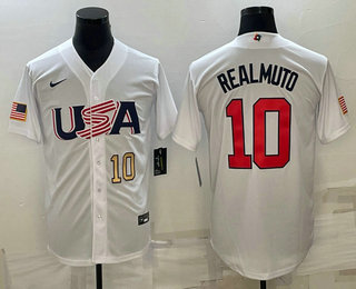 Men’s USA Baseball #10 JT Realmuto Number 2023 White World Baseball Classic Stitched Jersey
