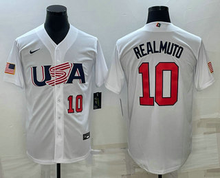 Men’s USA Baseball #10 JT Realmuto Number 2023 White World Baseball Classic Stitched Jerseys