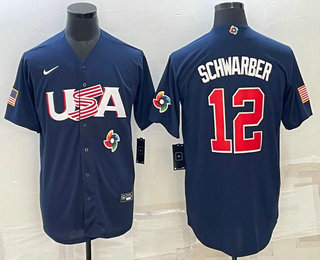 Men’s USA Baseball #12 Kyle Schwarber 2023 Navy World Baseball Classic Stitched Jersey