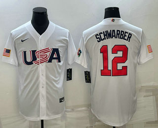 Men’s USA Baseball #12 Kyle Schwarber 2023 White World Baseball Classic Stitched Jersey