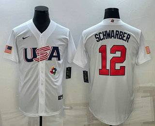 Men’s USA Baseball #12 Kyle Schwarber 2023 White World Baseball Classic Stitched Jerseys