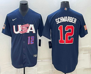 Men’s USA Baseball #12 Kyle Schwarber Number 2023 Navy World Baseball Classic Stitched Jersey
