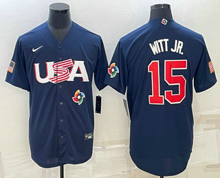 Men’s USA Baseball #15 Bobby Witt Jr 2023 Navy World Baseball Classic Stitched Jersey