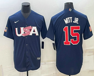 Men’s USA Baseball #15 Bobby Witt Jr 2023 Navy World Baseball Classic Stitched Jerseys