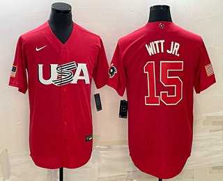 Men’s USA Baseball #15 Bobby Witt Jr 2023 Red World Baseball Classic Stitched Jersey