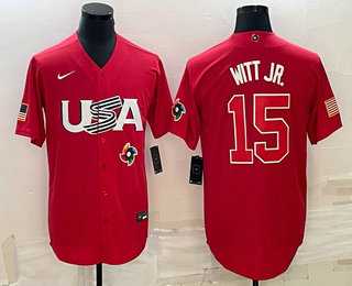 Men’s USA Baseball #15 Bobby Witt Jr 2023 Red World Baseball Classic Stitched Jerseys