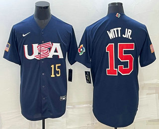 Men’s USA Baseball #15 Bobby Witt Jr Number 2023 Navy World Baseball Classic Stitched Jersey