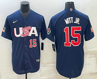 Men’s USA Baseball #15 Bobby Witt Jr Number 2023 Navy World Baseball Classic Stitched Jerseys