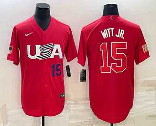 Men’s USA Baseball #15 Bobby Witt Jr Number 2023 Red World Baseball Classic Stitched Jersey