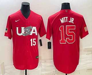 Men’s USA Baseball #15 Bobby Witt Jr Number 2023 Red World Baseball Classic Stitched Jerseys