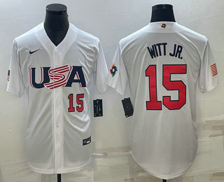 Men’s USA Baseball #15 Bobby Witt Jr Number 2023 White World Baseball Classic Replica Stitched Jersey
