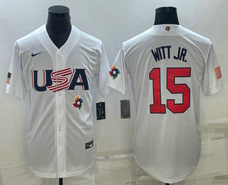 Men’s USA Baseball #15 Bobby Witt Jr Number 2023 White World Baseball Classic Replica Stitched Jersey1
