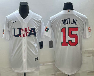 Men’s USA Baseball #15 Bobby Witt Jr Number 2023 White World Baseball Classic Replica Stitched Jersey2