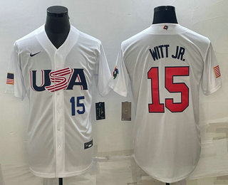 Men’s USA Baseball #15 Bobby Witt Jr Number 2023 White World Baseball Classic Replica Stitched Jerseys