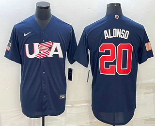 Men’s USA Baseball #20 Pete Alonso 2023 Navy World Baseball Classic Stitched Jersey