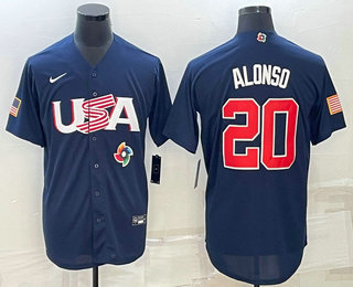 Men’s USA Baseball #20 Pete Alonso 2023 Navy World Baseball Classic Stitched Jerseys