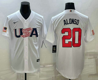Men’s USA Baseball #20 Pete Alonso 2023 White World Baseball Classic Stitched Jerseys
