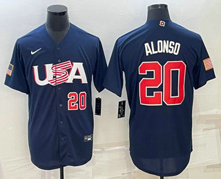 Men’s USA Baseball #20 Pete Alonso Number 2023 Navy World Baseball Classic Stitched Jersey