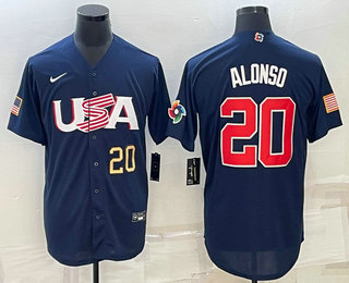 Men’s USA Baseball #20 Pete Alonso Number 2023 Navy World Baseball Classic Stitched Jerseys