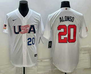 Men’s USA Baseball #20 Pete Alonso Number 2023 White World Baseball Classic Stitched Jerseys