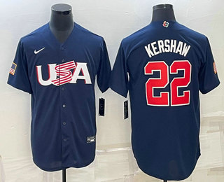Men’s USA Baseball #22 Clayton Kershaw 2023 Navy World Baseball Classic Stitched Jersey