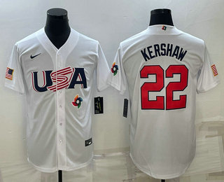 Men’s USA Baseball #22 Clayton Kershaw 2023 White World Baseball Classic Stitched Jersey