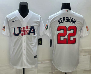 Men’s USA Baseball #22 Clayton Kershaw 2023 White World Baseball Classic Stitched Jerseys