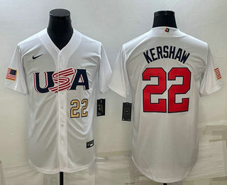 Men’s USA Baseball #22 Clayton Kershaw Number 2023 White World Baseball Classic Stitched Jerseys