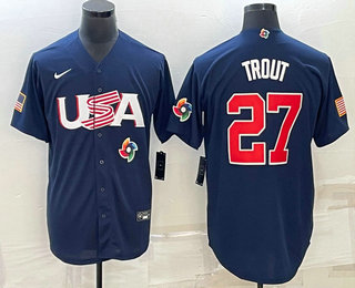 Men’s USA Baseball #27 Mike Trout 2023 Navy World Baseball Classic Stitched Jersey