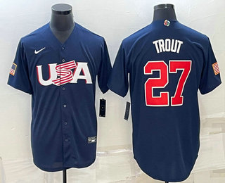 Men’s USA Baseball #27 Mike Trout 2023 Navy World Baseball Classic Stitched Jerseys