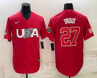 Men’s USA Baseball #27 Mike Trout 2023 Red World Classic Stitched Jersey