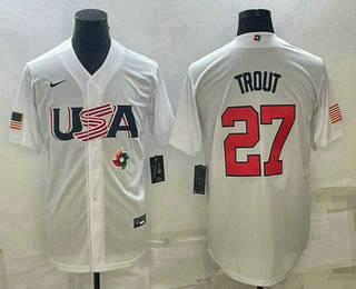 Men’s USA Baseball #27 Mike Trout 2023 White World Baseball Classic Replica Stitched Jersey