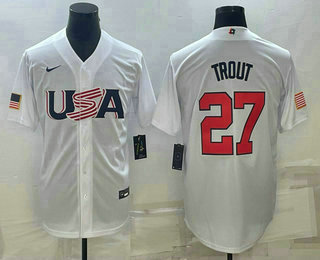 Men’s USA Baseball #27 Mike Trout 2023 White World Baseball Classic Replica Stitched Jerseys