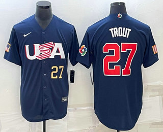 Men’s USA Baseball #27 Mike Trout Number 2023 Navy World Baseball Classic Stitched Jersey