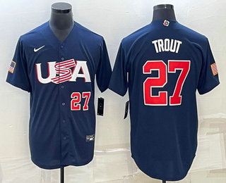Men’s USA Baseball #27 Mike Trout Number 2023 Navy World Baseball Classic Stitched Jerseys