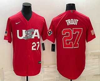 Men’s USA Baseball #27 Mike Trout Number 2023 Red World Classic Stitched Jersey