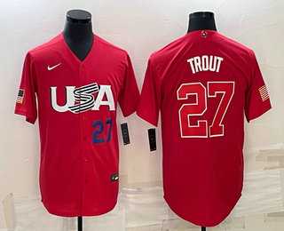 Men’s USA Baseball #27 Mike Trout Number 2023 Red World Classic Stitched Jerseys