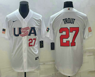 Men’s USA Baseball #27 Mike Trout Number 2023 White World Baseball Classic Replica Stitched Jersey
