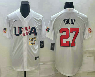 Men’s USA Baseball #27 Mike Trout Number 2023 White World Baseball Classic Replica Stitched Jerseys