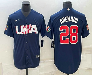 Men’s USA Baseball #28 Nolan Arenado 2023 Navy World Baseball Classic Stitched Jersey