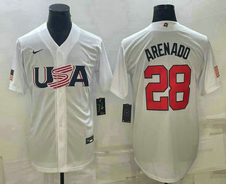 Men’s USA Baseball #28 Nolan Arenado 2023 White World Baseball Classic Replica Stitched Jersey