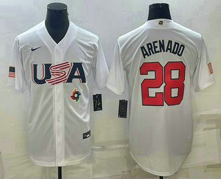 Men’s USA Baseball #28 Nolan Arenado 2023 White World Baseball Classic Replica Stitched Jerseys