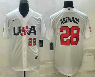 Men’s USA Baseball #28 Nolan Arenado Number 2023 White World Baseball Classic Replica Stitched Jersey