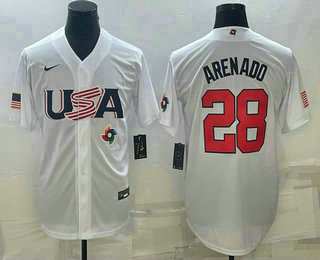 Men’s USA Baseball #28 Nolan Arenado Number 2023 White World Baseball Classic Replica Stitched Jersey1