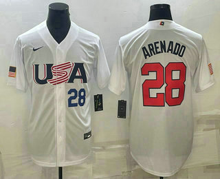 Men’s USA Baseball #28 Nolan Arenado Number 2023 White World Baseball Classic Replica Stitched Jerseys
