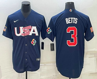 Men’s USA Baseball #3 Mookie Betts 2023 Navy World Baseball Classic Stitched Jersey